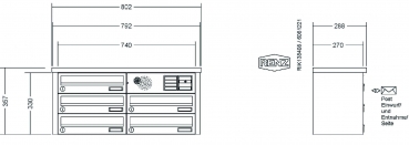 RENZ Briefkastenanlage Aufputz, Tetro, Edelstahl V4A, Kastenformat 370x110x270mm, mit Klingel - & Lichttaster und Vorbereitung Gegensprechanlage, 5-teilig